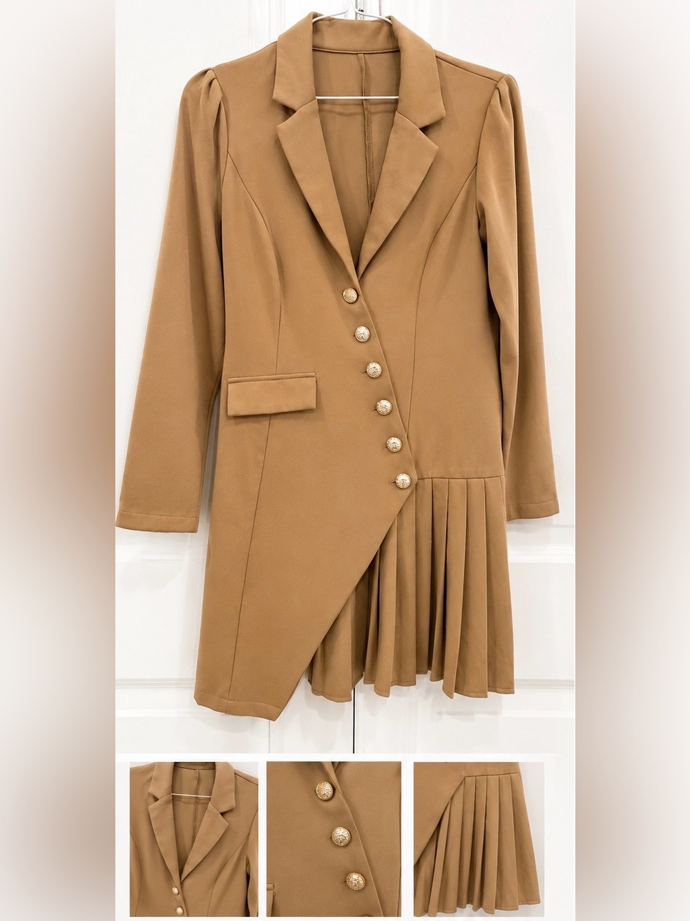 Tailored Asymmetric Pleated Blazer Dress in Camel